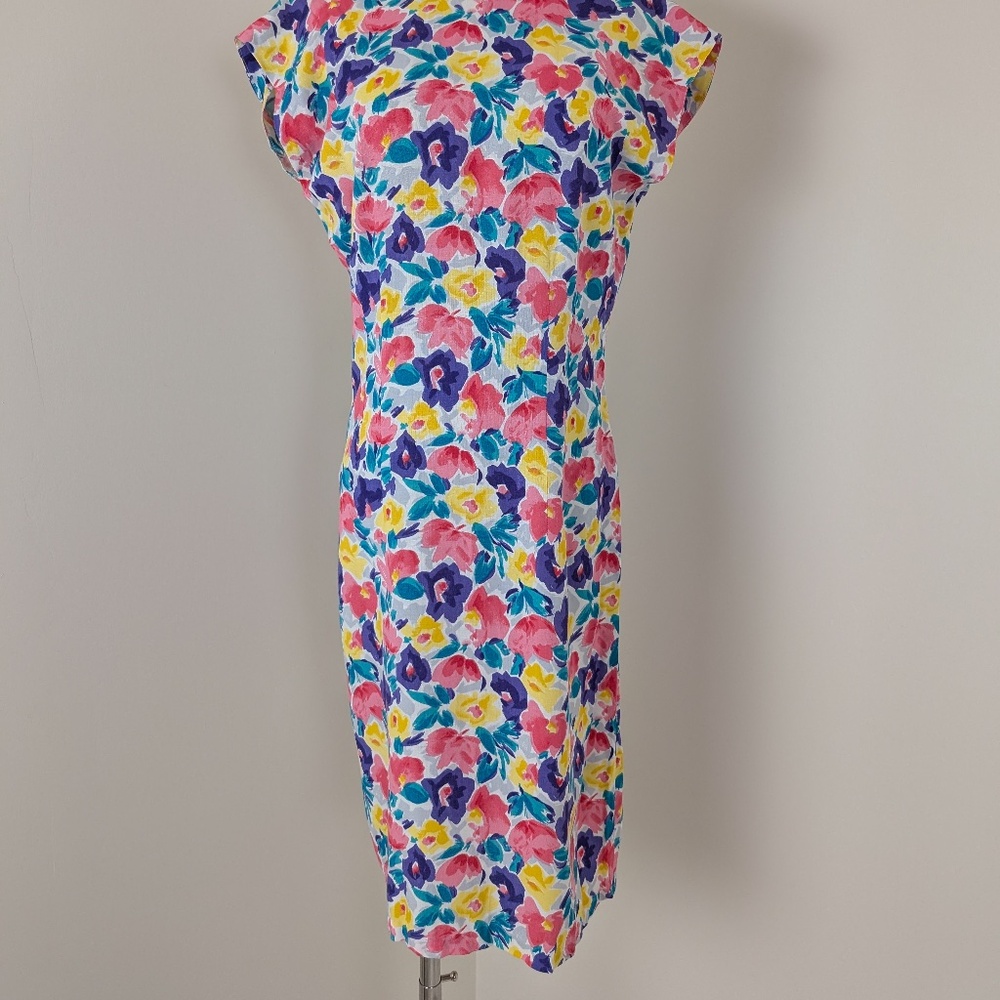 Vintage Floral Mini Dress Open Back Short Sleeve Dollman Fitted Tight Pencil - Picture 11 of 11